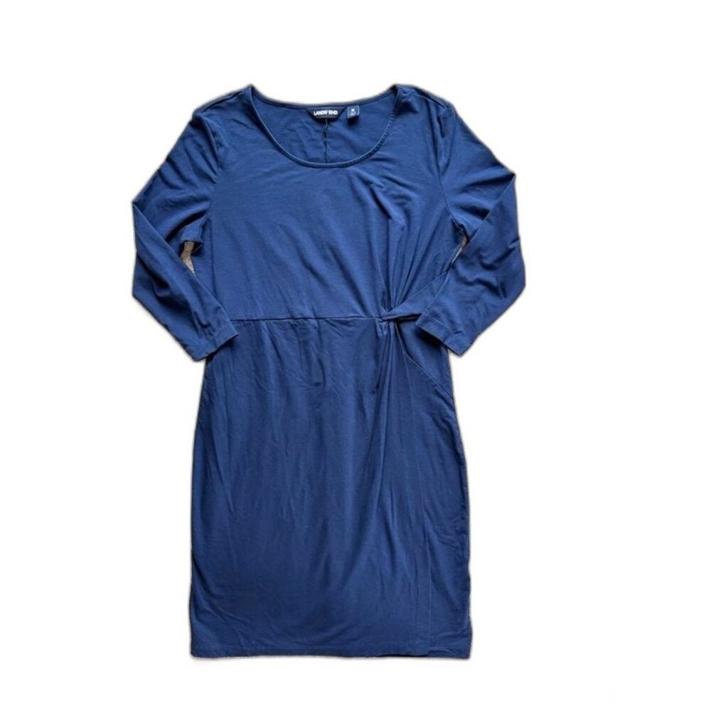 Lands End Navy Blue TShirt Dress Medium 10-12 Pima Cotton Modal Twist Waist Midi